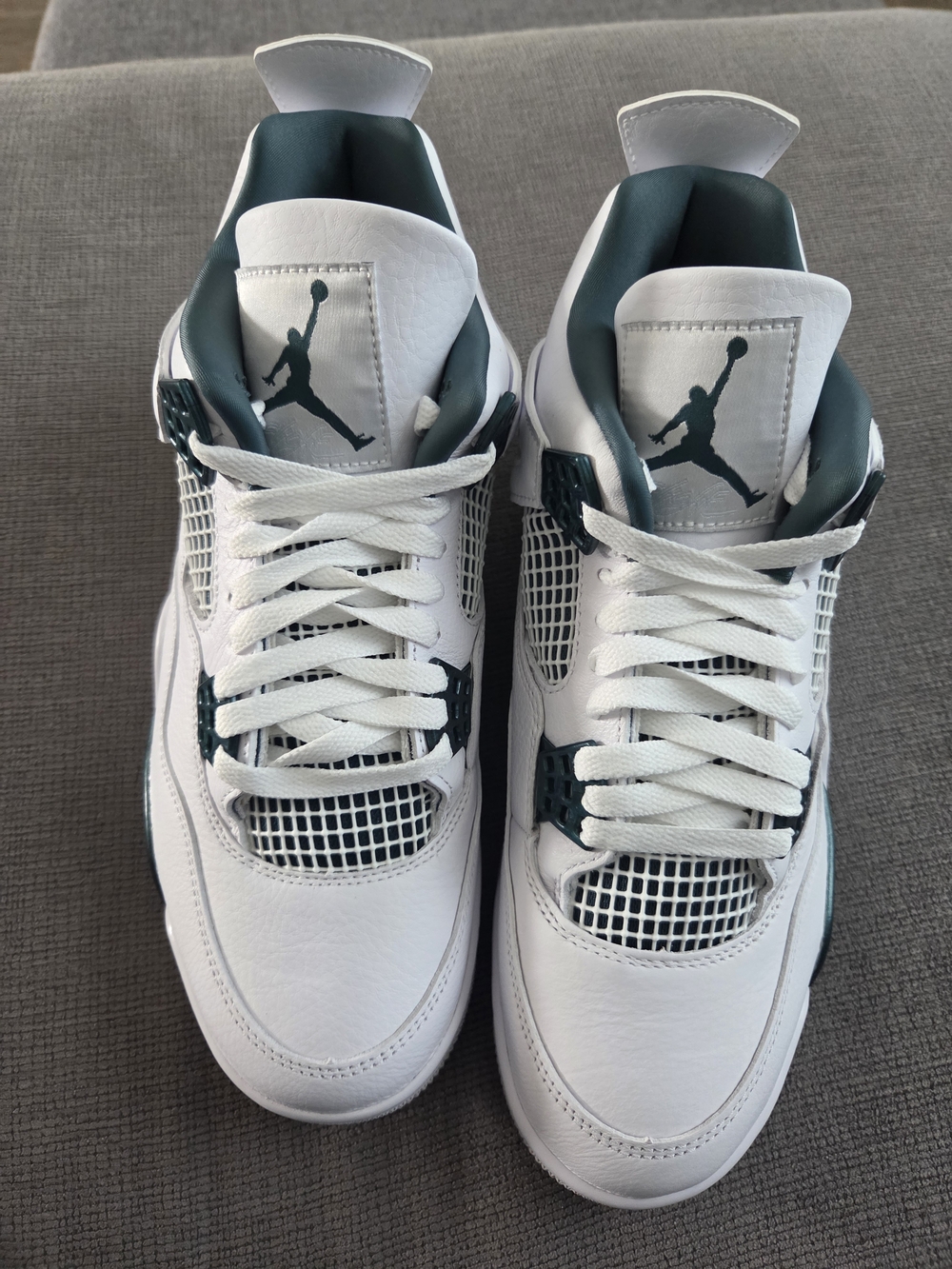 Nike White and Dark Teal Air Jordan 4 Retro Basketball Sneakers